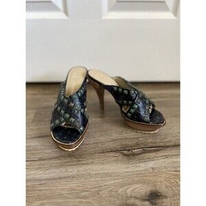 Lisa for Donald J Pliner Ivory Blue Platform Studded Heels 6.5 M Peep Toe Boho